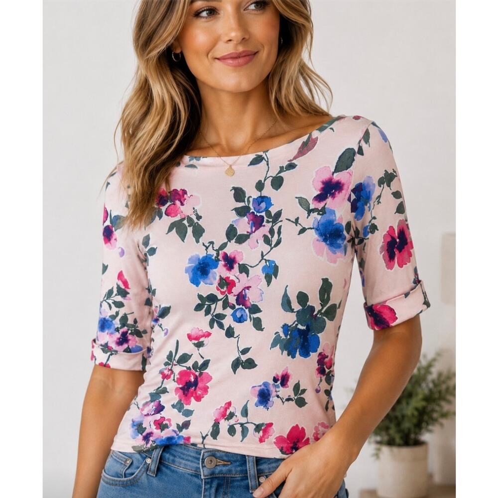 Lauren Ralph Lauren Floral Top Pink Blue 3/4 Sleeve Boat Neck Women’s Large